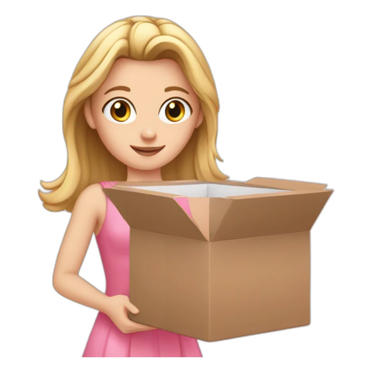 white girl in a pink dress gives a box sticker