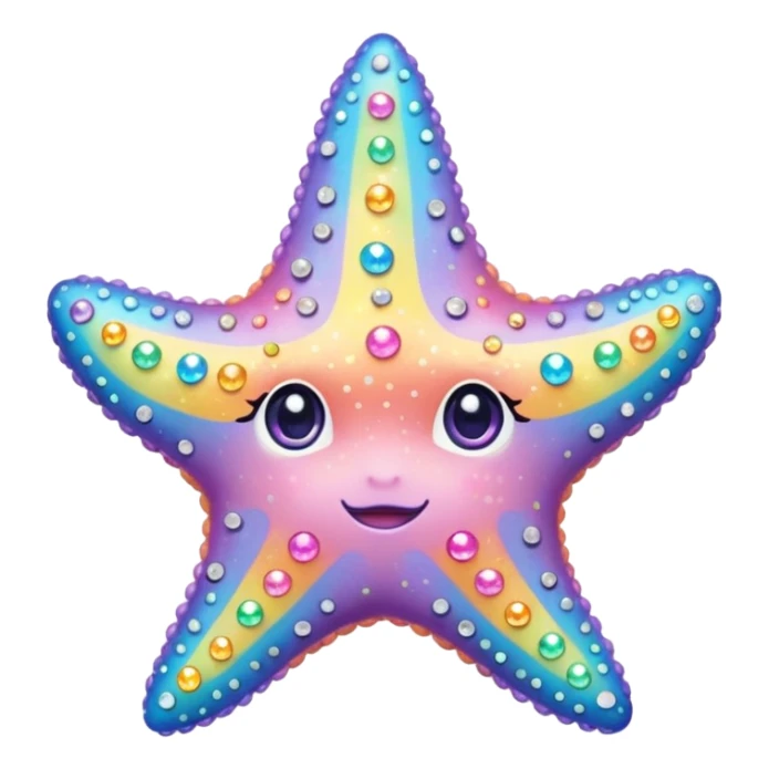 sea star, rainbow pastel colors, covered in sparkling gems, cute simple face sticker