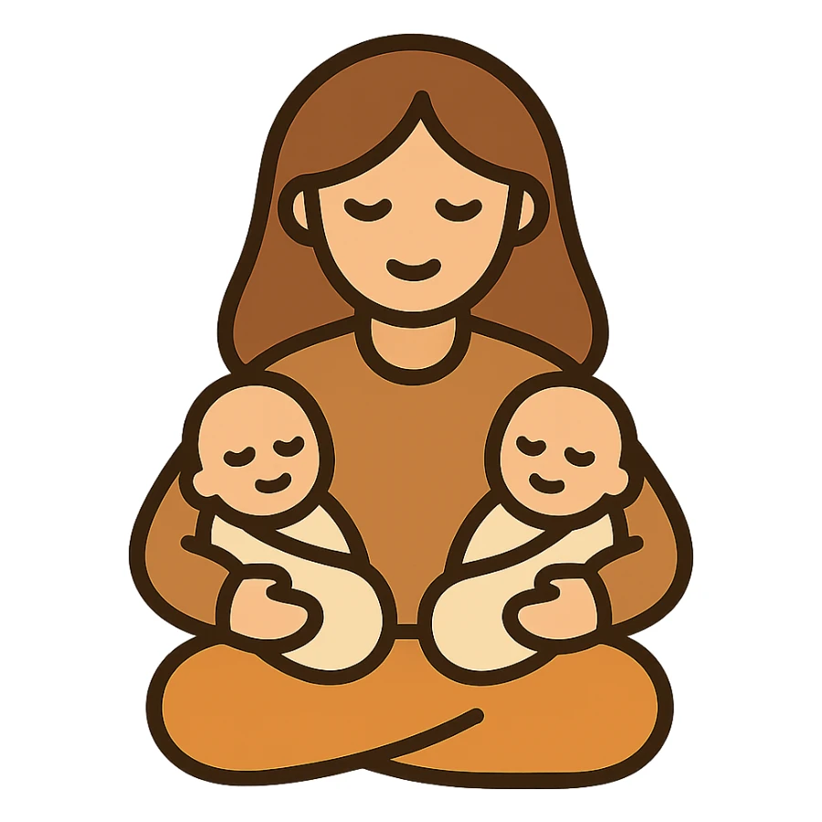 mother sitting holding two babies on lap, vector-style expressive detailed illustration, simple lines, shadows and highlights, warm beige and brown tones, smooth hair, gentle loving mood, elegant style sticker