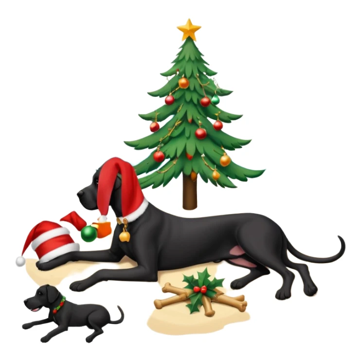 Black (no white) cropped Great Dane laying on a tropical beach with a Christmas tree and dog bones under the tree sticker