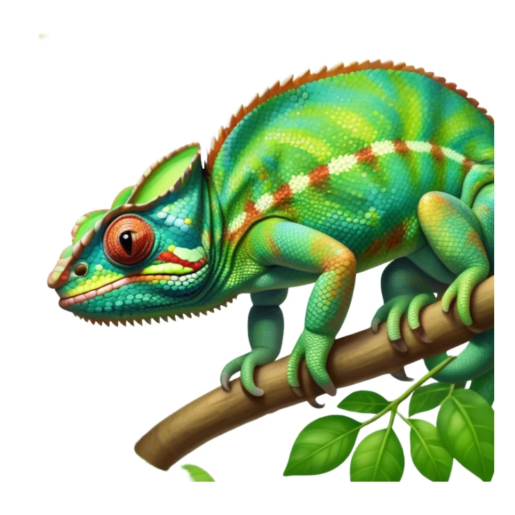 giant-chameleon-realistic emoji,-blending-with-vibrant-greenery.-detailed-scales-in-shifting-colors,-showing-the-chameleon’s-ability-to-camouflage.-soft-natural-light-highlights-its-texture.-nature-background, zoomed into its face sticker