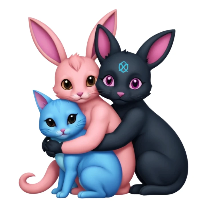 blue bunny, pink cat, turtle, fox, black dog and baphomet hugging sticker