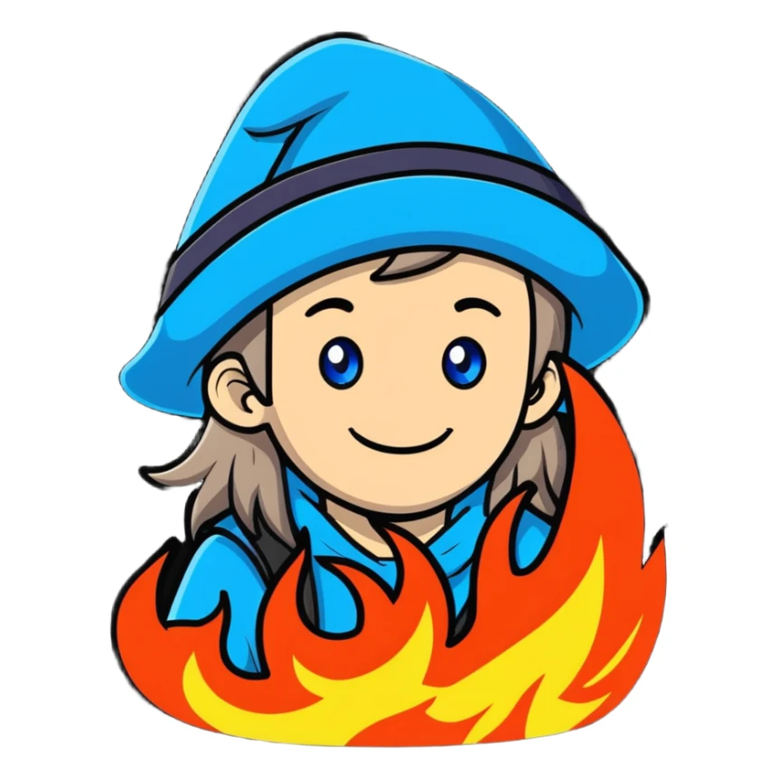 A cool guy with light skin, blue eyes, long hair, smiling, with a fire magic hat sticker