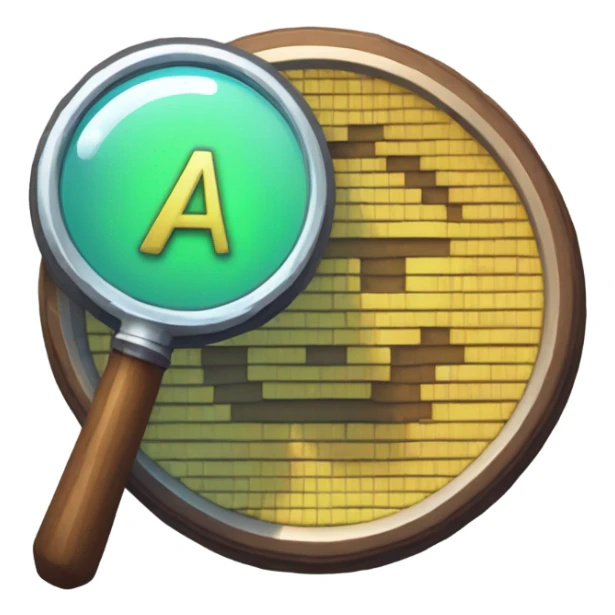 logo in a pixel art style featuring a magnifying glass as the central element. Inside the circular lens of the magnifying glass, place a pixelated letter 'A' sticker