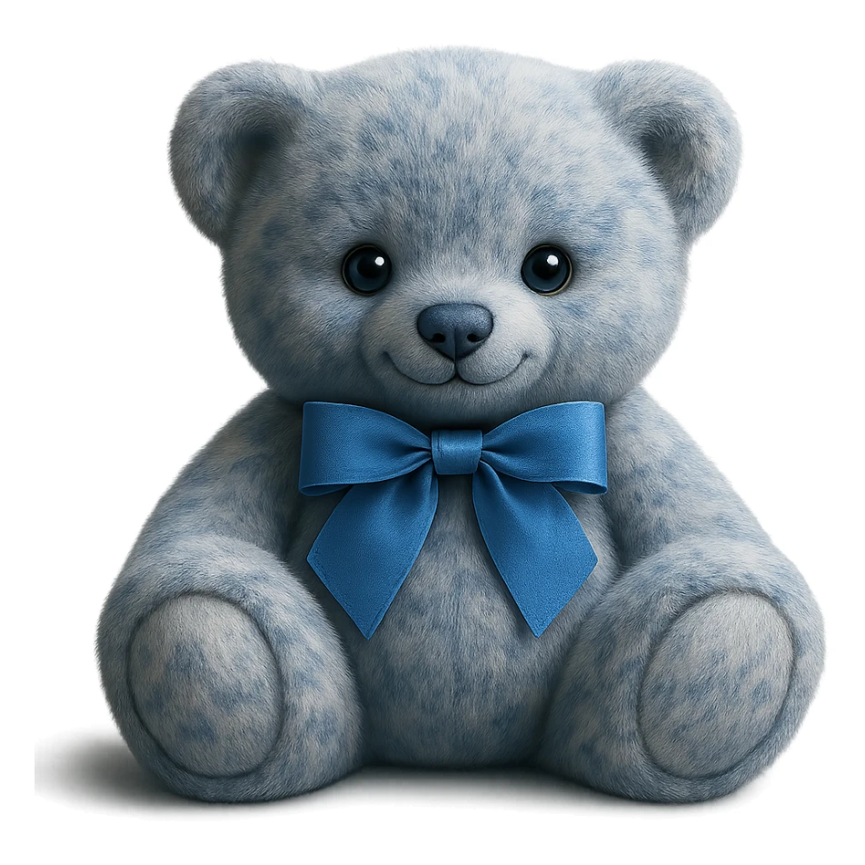 Make the teddy bear's fur a mix of realistic blue and white with soft lighting. Remove the background to make it transparent. The style should be realistic and natural looking. sticker