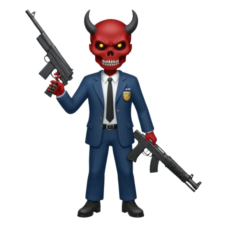 A Demon from hell that is dressed like a fbi agent with a machine gun, full body pointing the machine fun to the left. In the style of your bleeding skull artwork. sticker