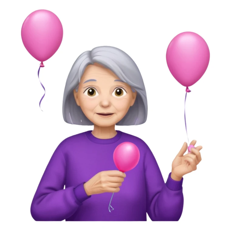 old lady, long grey hair, purple sweater, hold pink balloon sticker