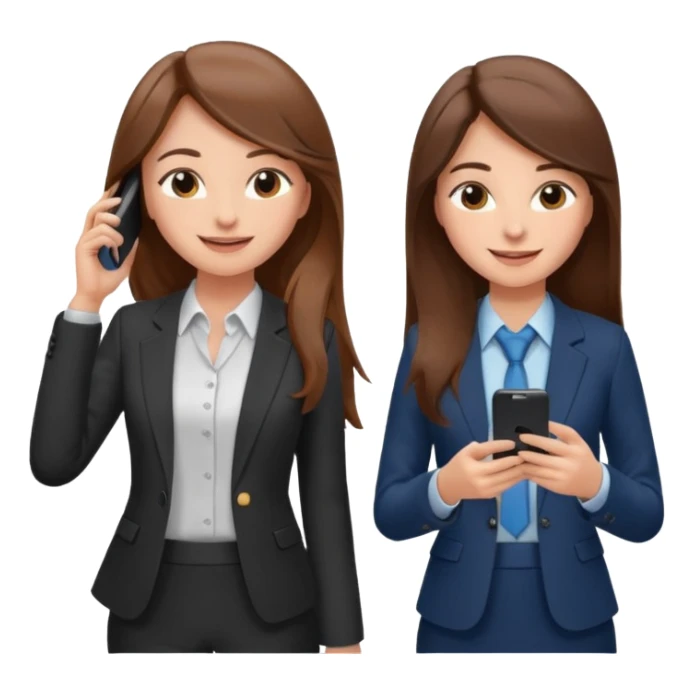 two brown haired girls, looking professional maybe leaned back on back and looking forward and using phones, with longer hair and with some cute clothes sticker