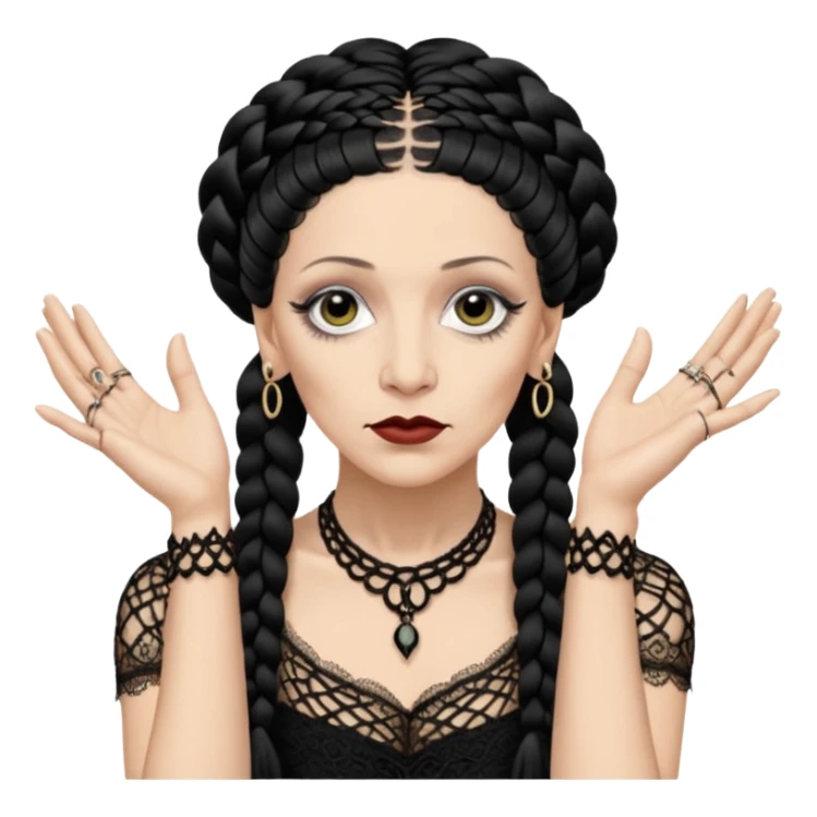 Lene Lovich as seen on the Stateless album cover with a typical symmetrical pose with her hands, lots of lace and braided hair sticker