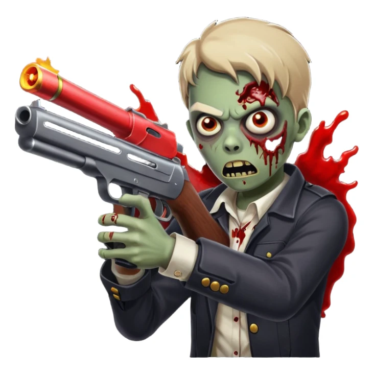 Survivor firing shotgun at zombie, flying blood, intense expression, dark style, no background










 sticker