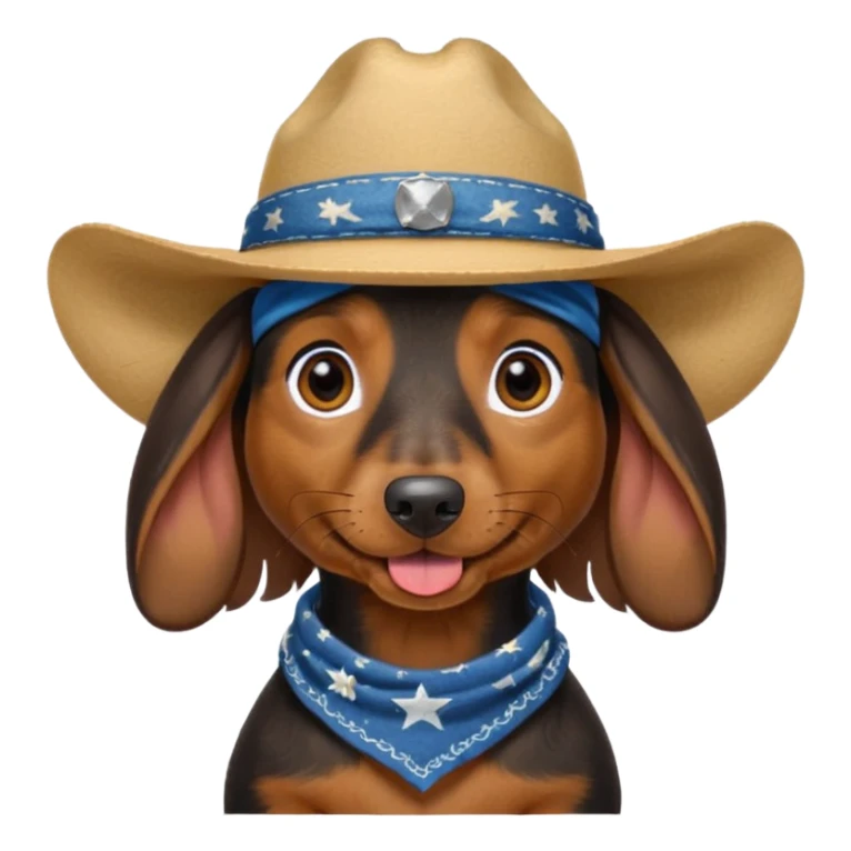 mostly black with some brown long hair daschund with a cowboy hat, ears curl out a bit and bandana and tongue slightly out sticker