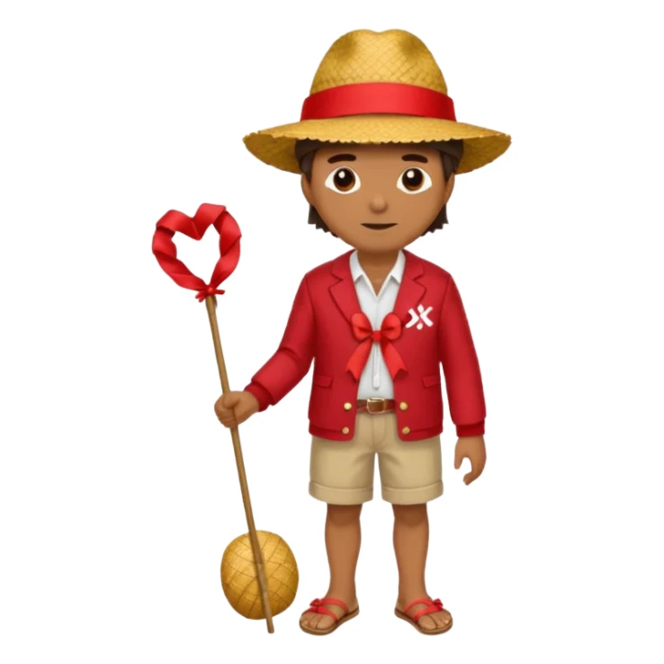 Make a guy with a straw hat and the hat has a red rebin and a red jacket and sandals and a x on he's chest sticker