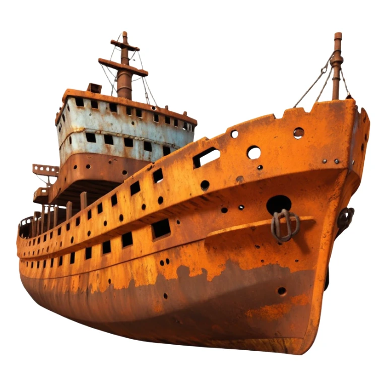 rusted ship wreck, heavily corroded metal hull, orange-brown rust textures, abandoned old ship, weathered surface, dramatic lighting, cinematic atmosphere, 3D cartoon style, mobile game environment art, clean composition, no people, no text, no watermark
 sticker