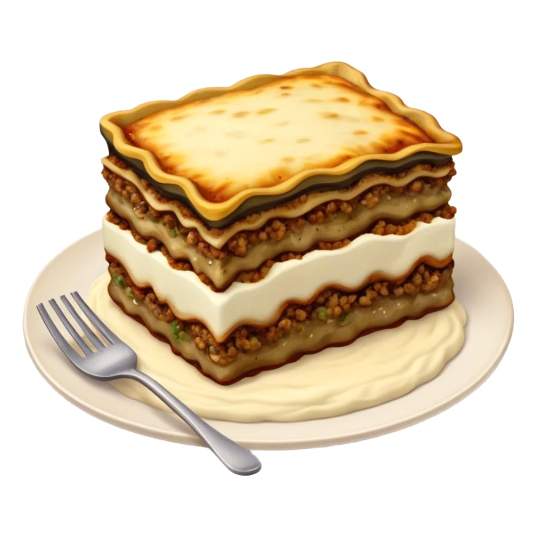 Moussaka Cinematic Realistic Moussaka Dish Emoji, depicted as a rustic serving of moussaka with layers of soft eggplant, ground meat, and a creamy topping featuring a delightfully crispy corner, rendered with rich textures and warm, inviting lighting. sticker