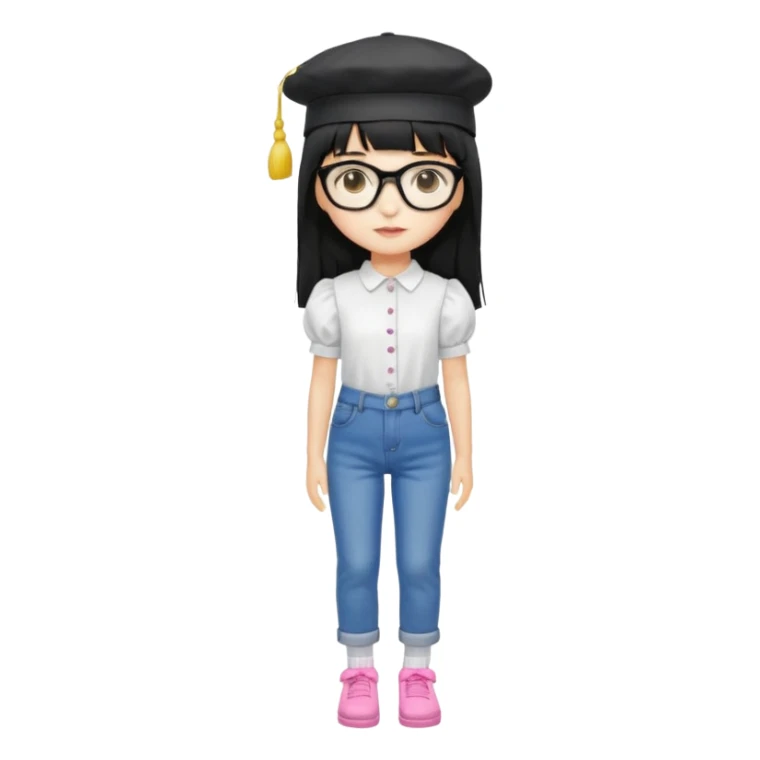 A yellow-skinned girl with long straight black hair, flat bangs, black frame glasses, a white puffy sleeve doll shirt, blue jeans and pink shoes, and a black painter's hat. sticker