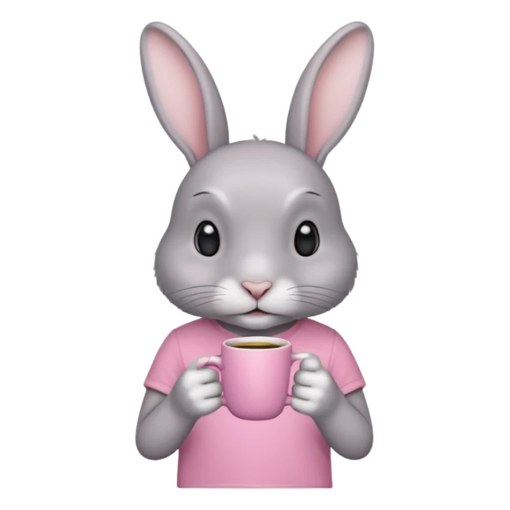 Gray rabbit, wearing pink t-shirt, holding coffee mug sticker