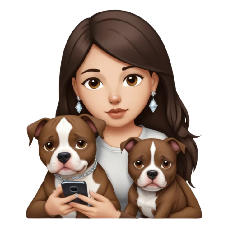 ￼ a young girl with long dark brown hair cascading down her face. It’s with her phone in her hands, sitting next to her pitbull with a small diamond nose ring in her nose. sticker