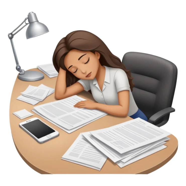 Woman dozing off at bare workspace, just papers on desk sticker