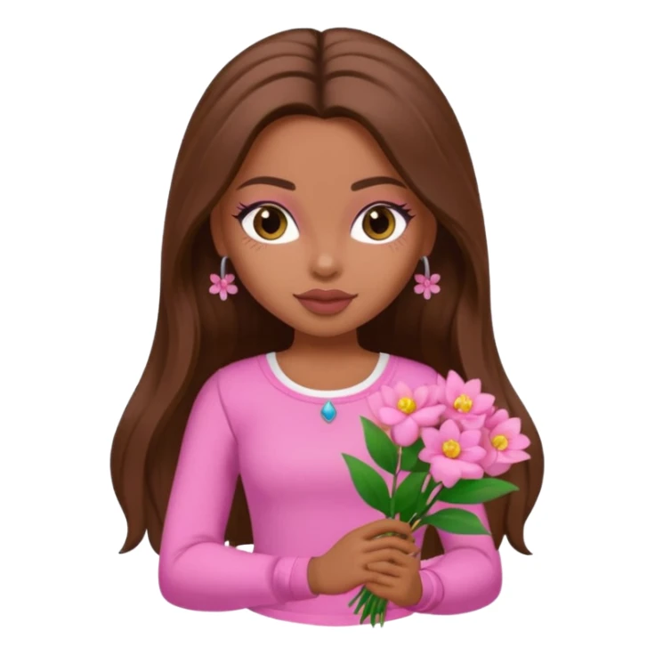 pretty bratz baddie, long brown hair holding flowers sticker