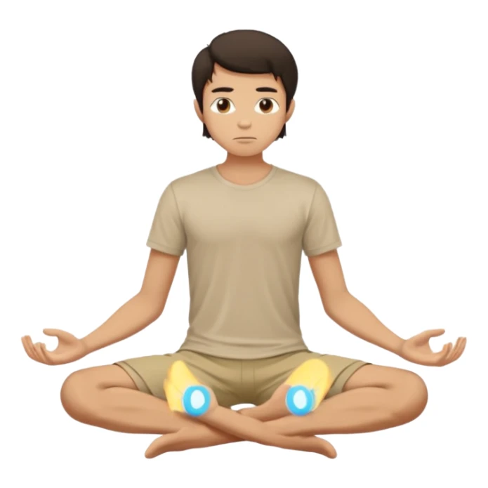 rapaz magro cabelo escuro, camiseta bege e  bermuda bege escuro, corpo inteiro meditan sticker