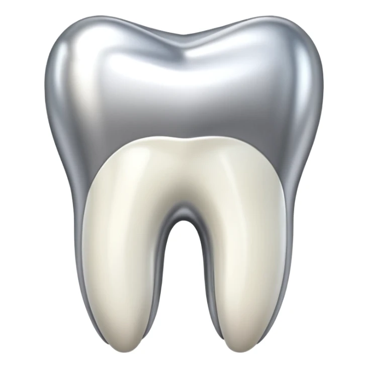 human tooth emoji, smooth chrome ceramic-metal texture, clean medical luxury aesthetic, isolated on white, no face sticker