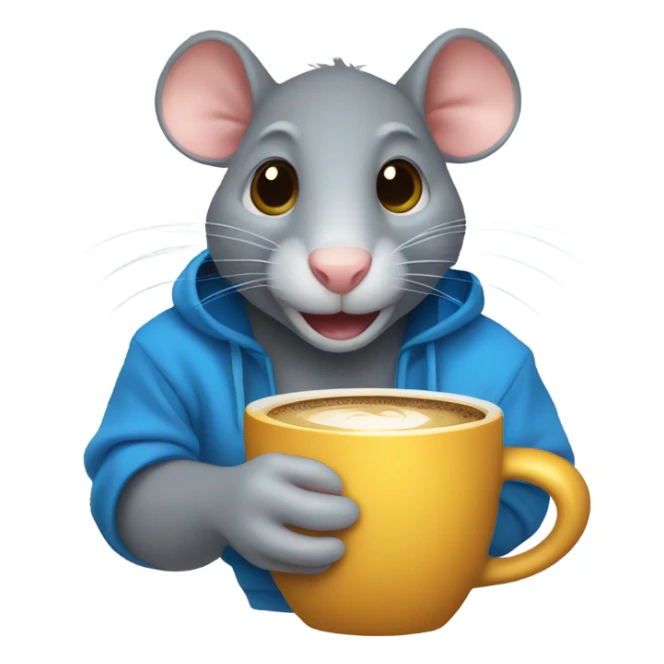 A rat with one ear and one gold tooth, wearing a blue sweatshirt, drinking coffee sticker