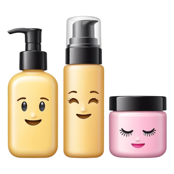 emoji of three different beauty products, with labels, minimalistic but luxury design (realistic), pastel colors sticker