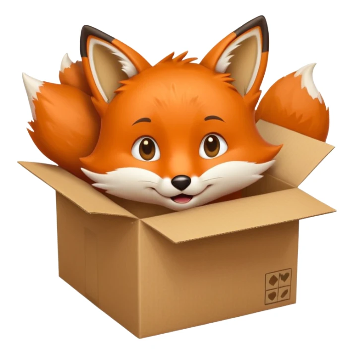 happy fox peeking out of a box, glancing upward, emoji style sticker