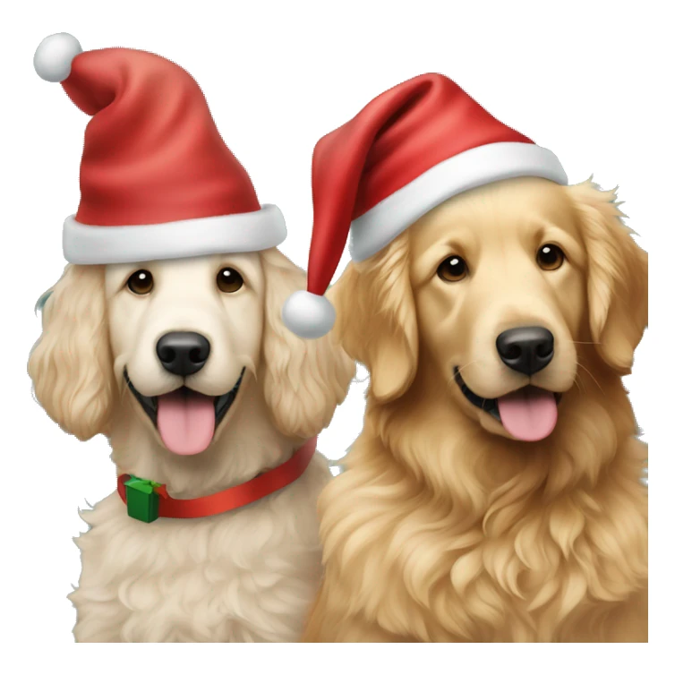 Make a goldendoodle and a golden retriever sitting next to each other with Christmas hats  sticker