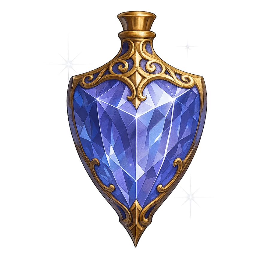 very luxurious crystal elixir bottle in shield shape, color #7986cb, lots of shining, edges, ornaments, golden details, magical effects, very small golden neck, transparent background, beautiful seamless bottom, bottle clearly floating in air, no base or shadow, modern, fits collection sticker