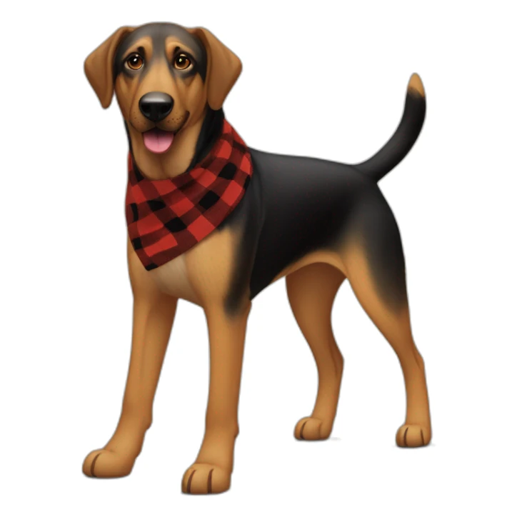 adult 75% Coonhound 25% German Shepherd mix dog with visible tail wearing small pointed red buffalo plaid bandana full body walking left quickly sticker