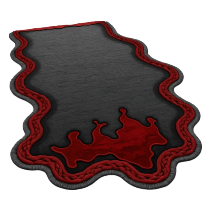 Minimalist emoji-style sticker of a carpet turning into a dark river, murky texture, grayscale and dried blood tones, side ropes in shadow
 sticker