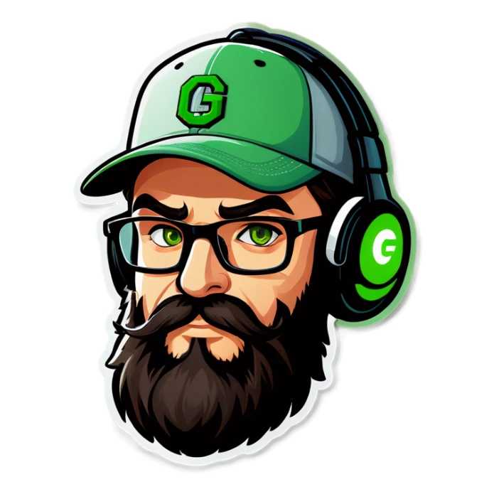 A man with a grey baseball cap, green eyes, big dark brown beard and glasses, gamers headset sticker