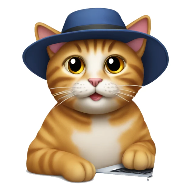 A cat with a hat is sitting and typing on the computer sticker