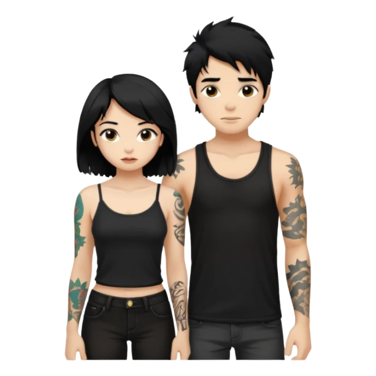 generate a fair boy with messy black hair, tattoos. standing beside a fair black haired girl wearing a black cami top. sticker