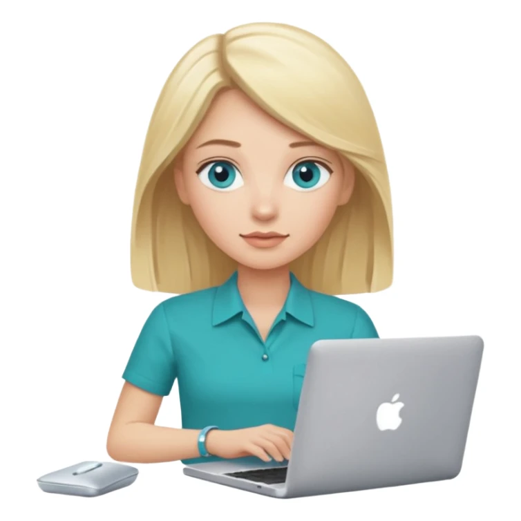 Generate blonde blue eyed woman technologist with mac laptop (code U+1F469 U+1F3FB U+200D U+1F4BB) with Teal shirt (not the purple one) dont change other features sticker