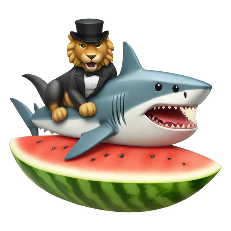 Shark with a top hat on a surfboard eating watermelon while riding a lion sticker