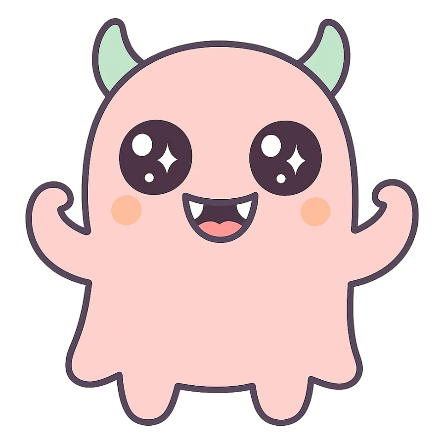 scary cute man, big eyes, fangs, playful expression, kawaii style sticker