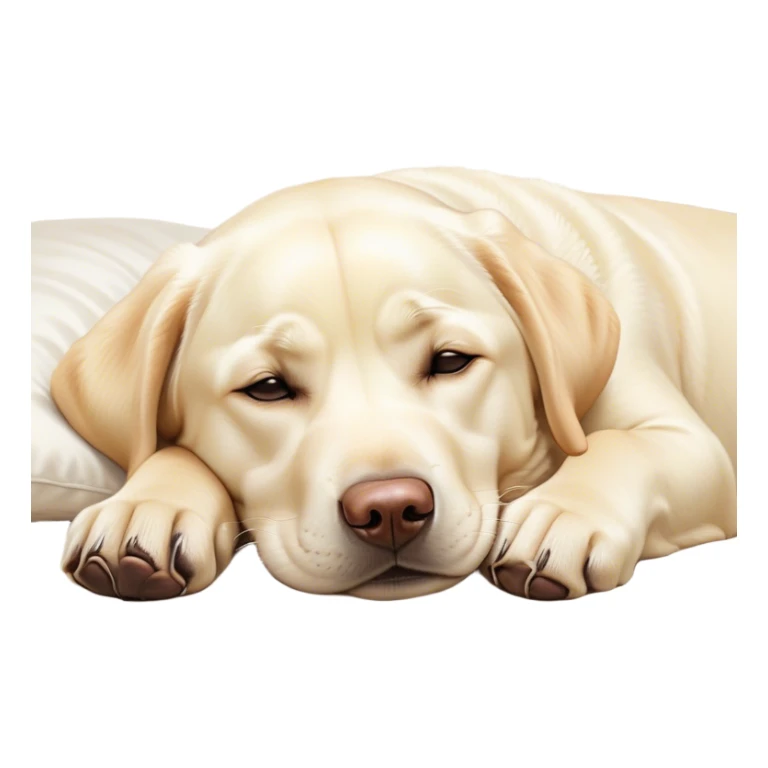 Meme-Worthy Cute Sleeping Cream Labrador Portrait Emoji, Head resting peacefully with a contented smile, showcasing a delightfully sturdy build and a luxuriously soft cream Fur, eyes shut in a serene nap, Simplified yet hilariously adorable features, highly detailed, glowing with a soft, drowsy light, high shine, relaxed and utterly lovable, stylized with an air of playful laziness, bright and heartwarming, soft glowing outline, capturing the essence of a comically sleepy companion, so meme-worthy it feels like it could instantly become the next viral sensation of adorable slumber! sticker