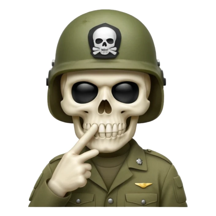 A bold emoji-style bodyless white skull wearing a realistic modern army helmet, making a shushing gesture (index finger bone held up to mouth area). Clean vector style,modern emoji aesthetic.The helmet has detailed realistic texture. sticker