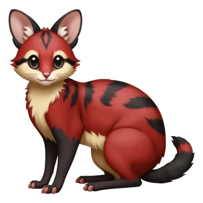 Sanguine-Red, black-pointed, soft natural realistic romantic vintage antique divine beautiful elegant pretty precious cute young youthful  Fakémon-Pokémon-opossum-feline-mouse-serval-caracal-chinchilla-Minccino-Cinccino-Meowstic-rodent-hybrid-creature with a big fluffy bushy tail (full body) sticker