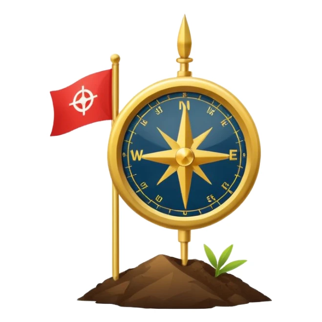 A minimal emoji of a compass pointing toward a planted flag. Flat design, confident colors, modern emoji style. Represents choosing direction and seeing it through to completion. Avoid corporate or motivational poster aesthetics. sticker