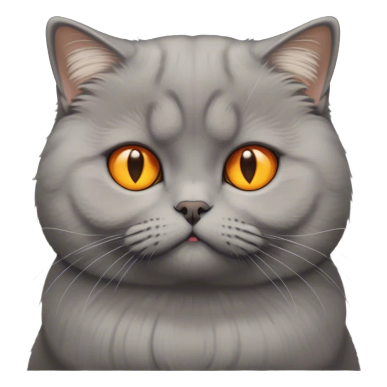 The photo shows a cat with a dense physique, short plush gray wool. His tail is fluffy and slightly darker than the rest of the wool. The cat has large round eyes of rich yellow-orange color, which give it an expressive and slightly surprised look. The ears are small and curved forward - this is a characteristic feature of the Scottish lop-eared breed. This cat looks at emojis condemningly sticker