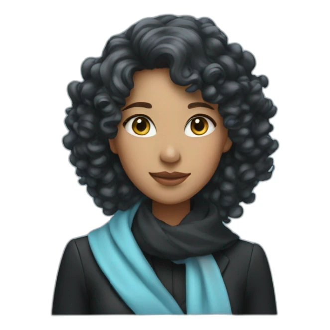woman with elegant black suit and light blue scarf, long curly hair sticker