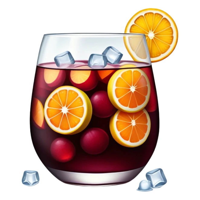 sangria drink with lots of visible ice cubes, wine, fruit slices, extremely cold sticker