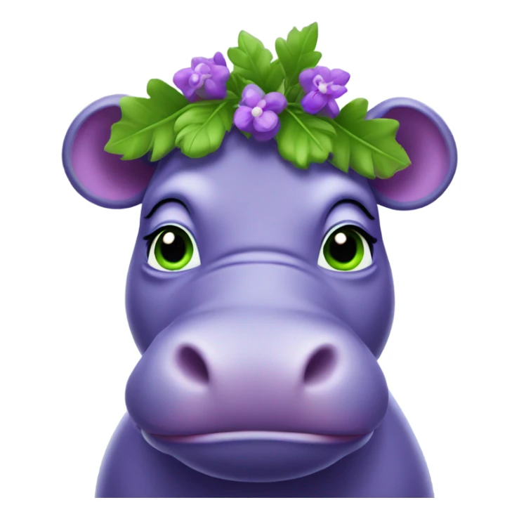 A purple hippo with green eyes and a laurel wreath sticker