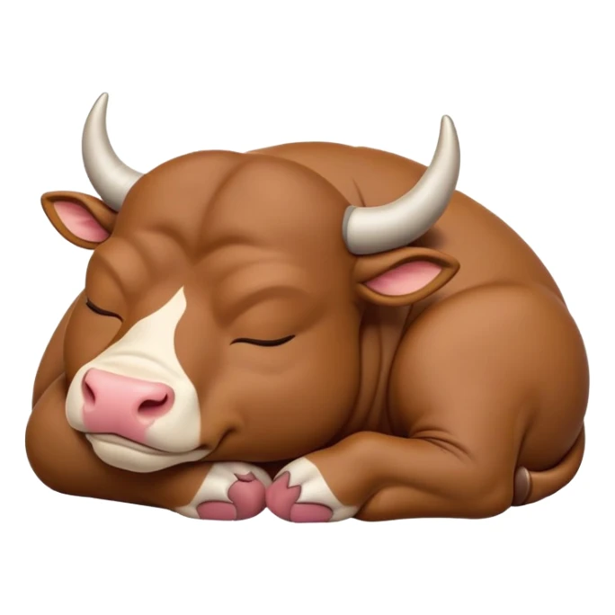 meme-worthy-cute-sleeping-domestic-bull-portrait-emoji,-head-resting-peacefully-with-a-contented-smile,-showcasing-a-robust,-muscular-build-and-a-luxuriously-soft-coat,-eyes-gently-closed-in-serene,-restful-slumber,-simplified,-solid-brown sticker