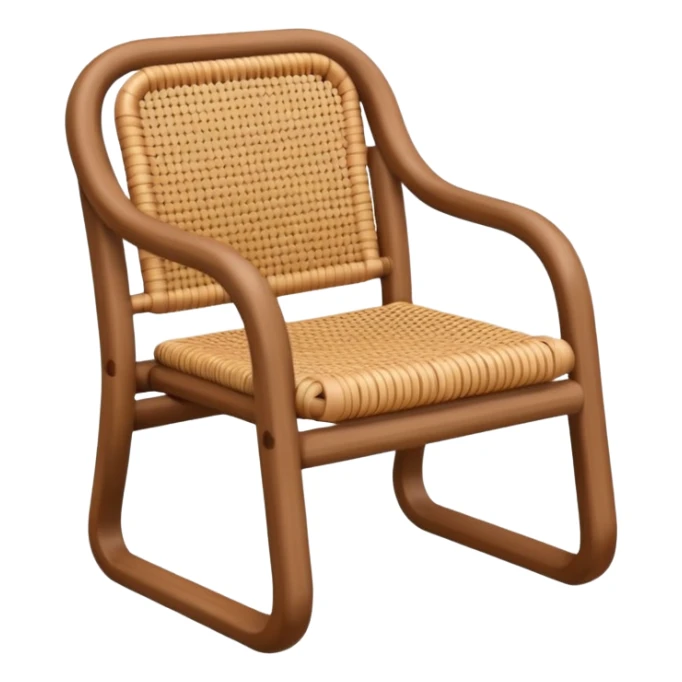 A 3D cartoon wooden chair with woven rattan seat, clean composition, bright background, Memoji-style rendering. sticker