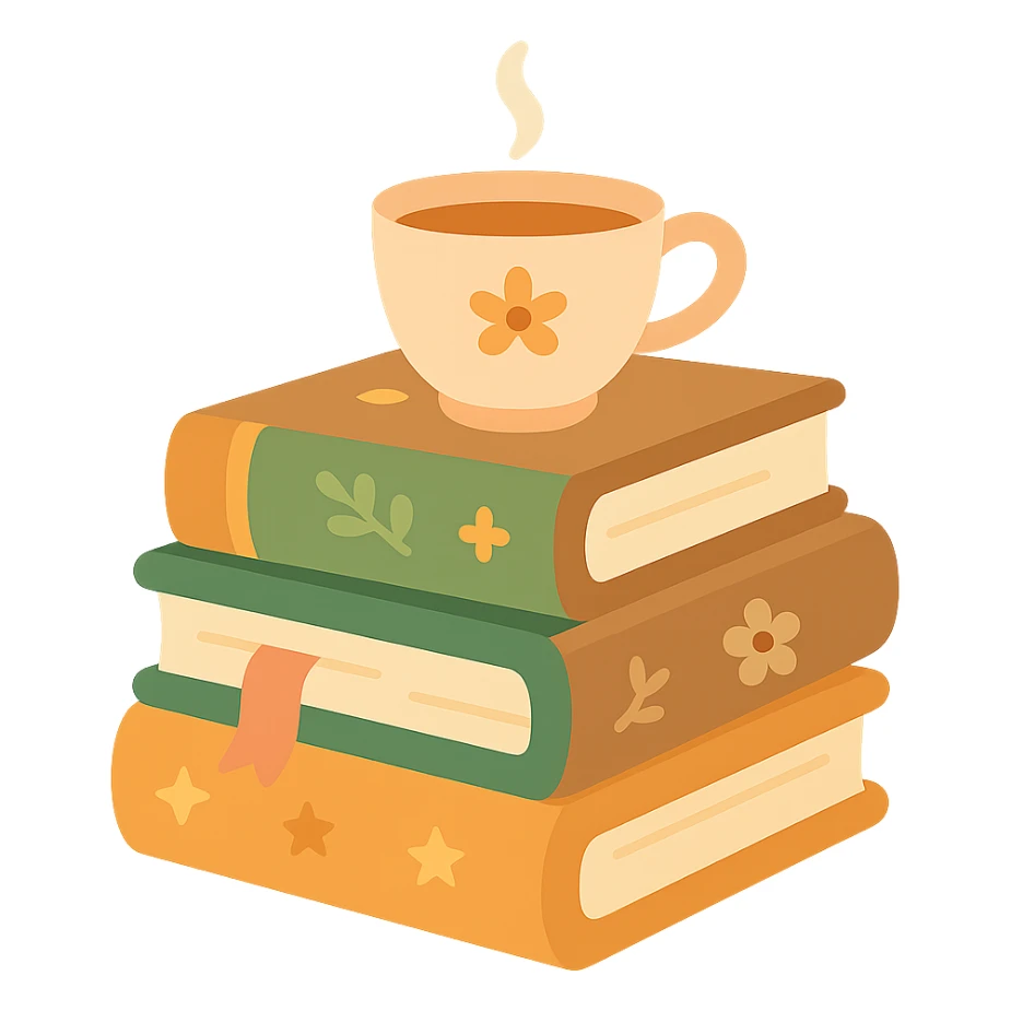 A cute stack of books with a cozy and magical vibe, each book bound in soft, harmonious colors: golden orange (FA9B41), forest green (4A7C5C), warm taupe brown (96775A), and pastel peach (FFCC9A). The books are slightly worn with rounded corners and decorative covers featuring tiny stars, floral motifs, or whimsical patterns. A ribbon bookmark peeks out from one, and a small cup of tea or magical trinket rests on top of the stack. The lighting is warm and gentle, with a dreamy, storybook feel. The overall scene feels inviting, charming, and gently enchanted sticker