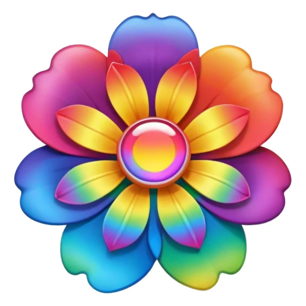 A round psychedelic colored button with a large rainbow colored flower in the center sticker